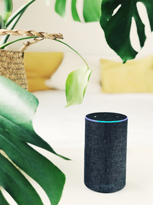 Cylindrical Smart Speaker sitting on a bed with a plant next to it